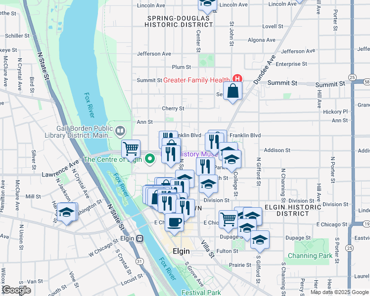map of restaurants, bars, coffee shops, grocery stores, and more near 255 North Spring Street in Elgin