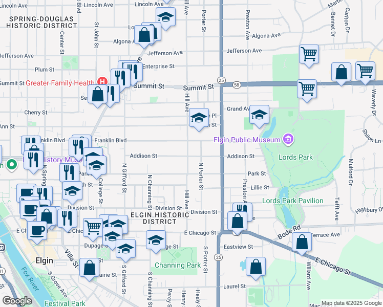 map of restaurants, bars, coffee shops, grocery stores, and more near 253 Hill Avenue in Elgin