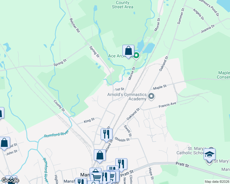 map of restaurants, bars, coffee shops, grocery stores, and more near 46 1st Street in Mansfield