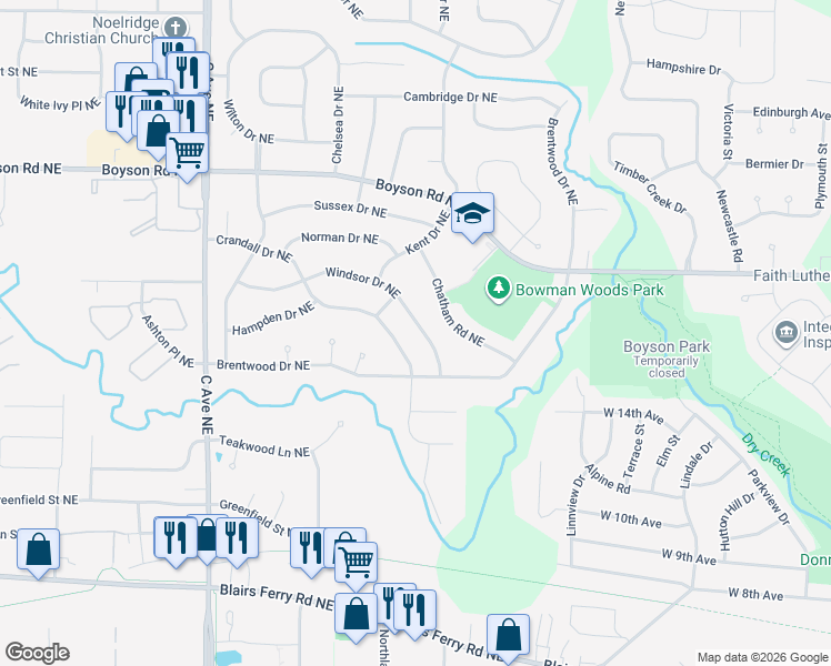 map of restaurants, bars, coffee shops, grocery stores, and more near 225 Windsor Drive Northeast in Cedar Rapids