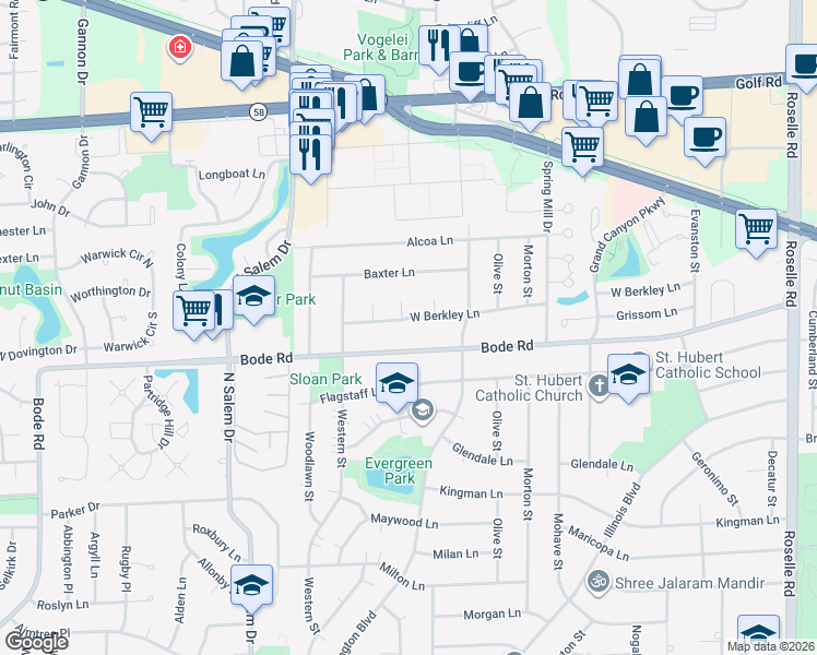 map of restaurants, bars, coffee shops, grocery stores, and more near 615 West Berkley Lane in Hoffman Estates