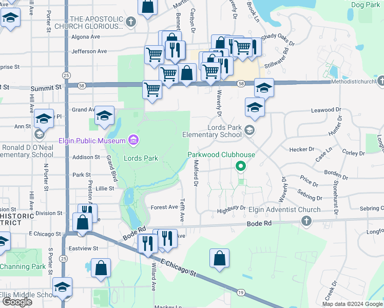 map of restaurants, bars, coffee shops, grocery stores, and more near 266 Mulford Drive in Elgin