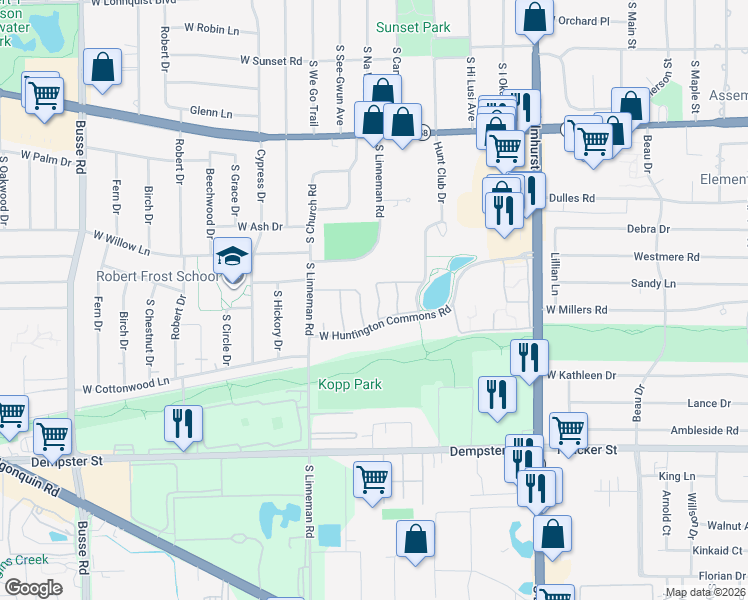 map of restaurants, bars, coffee shops, grocery stores, and more near 1308 South Sir Galahad Lane in Mount Prospect