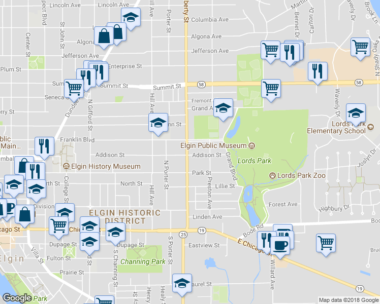 map of restaurants, bars, coffee shops, grocery stores, and more near 253 North Liberty Street in Elgin