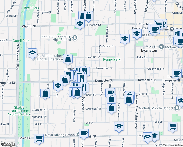 map of restaurants, bars, coffee shops, grocery stores, and more near 1322 Darrow Avenue in Evanston
