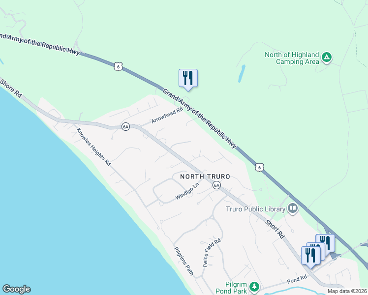 map of restaurants, bars, coffee shops, grocery stores, and more near 3 Arrowhead Farm Road in Provincetown