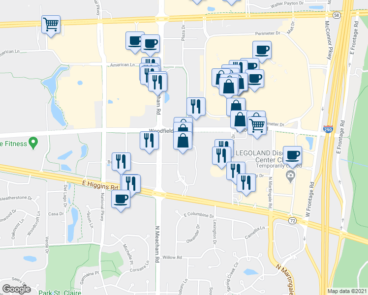 map of restaurants, bars, coffee shops, grocery stores, and more near 1475 Woodfield Road in Schaumburg