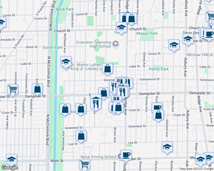 map of restaurants, bars, coffee shops, grocery stores, and more near 2030 Greenwood Street in Evanston