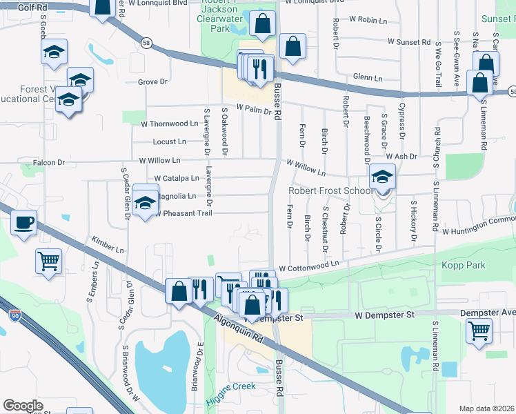 map of restaurants, bars, coffee shops, grocery stores, and more near 1704 West Pheasant Trail in Mount Prospect