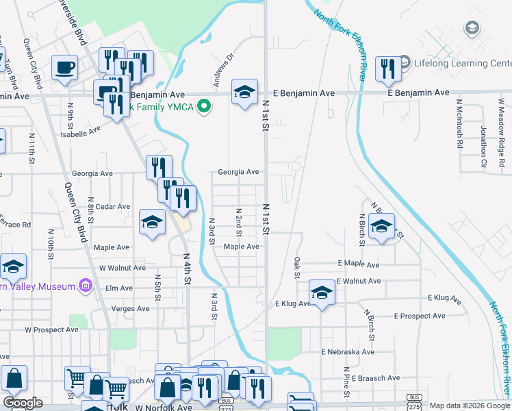 map of restaurants, bars, coffee shops, grocery stores, and more near 139 Cedar Avenue in Norfolk