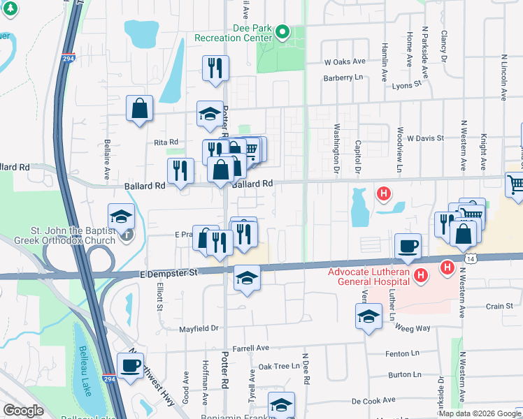 map of restaurants, bars, coffee shops, grocery stores, and more near 9331 Landings Lane in Des Plaines