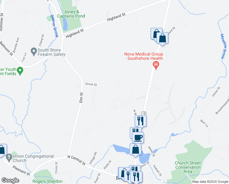 map of restaurants, bars, coffee shops, grocery stores, and more near 140 Grove Street in East Bridgewater