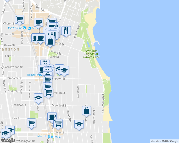 map of restaurants, bars, coffee shops, grocery stores, and more near 214 Greenwood Street in Evanston