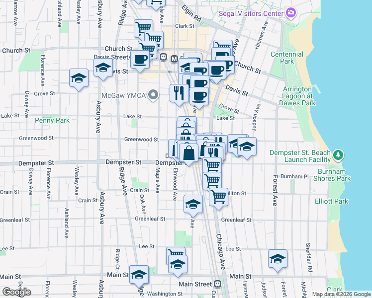 map of restaurants, bars, coffee shops, grocery stores, and more near 1322 Sherman Avenue in Evanston