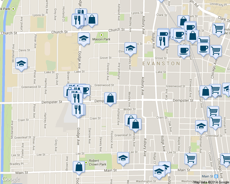 map of restaurants, bars, coffee shops, grocery stores, and more near 1600 Thelin Court in Evanston