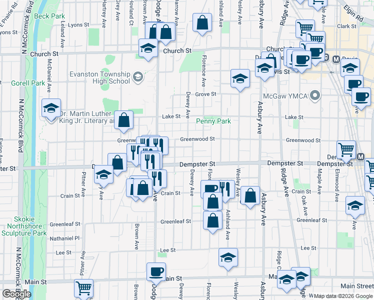 map of restaurants, bars, coffee shops, grocery stores, and more near 1315 Dewey Avenue in Evanston