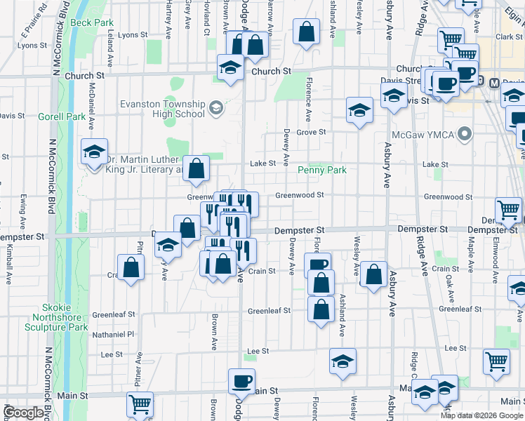 map of restaurants, bars, coffee shops, grocery stores, and more near 1322 Darrow Avenue in Evanston