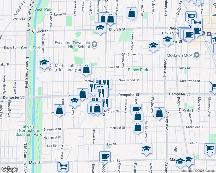 map of restaurants, bars, coffee shops, grocery stores, and more near 1323 Dodge Avenue in Evanston