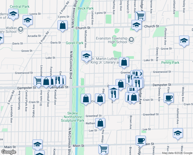 map of restaurants, bars, coffee shops, grocery stores, and more near 1325 Fowler Avenue in Evanston