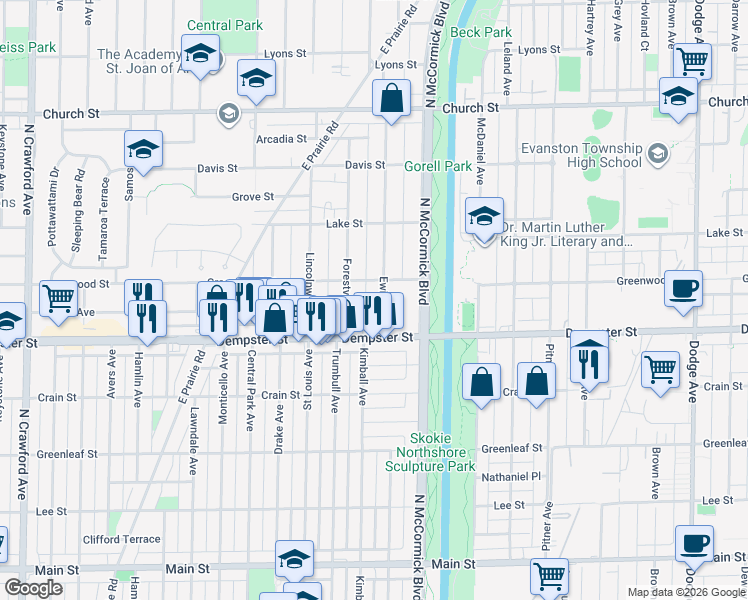map of restaurants, bars, coffee shops, grocery stores, and more near 8833 Ewing Avenue in Evanston