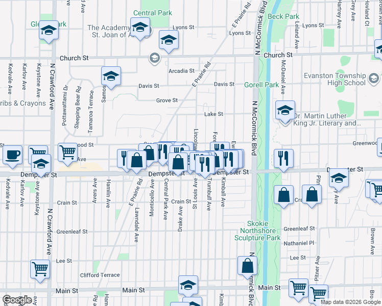 map of restaurants, bars, coffee shops, grocery stores, and more near 8839 Lincolnwood Drive in Evanston