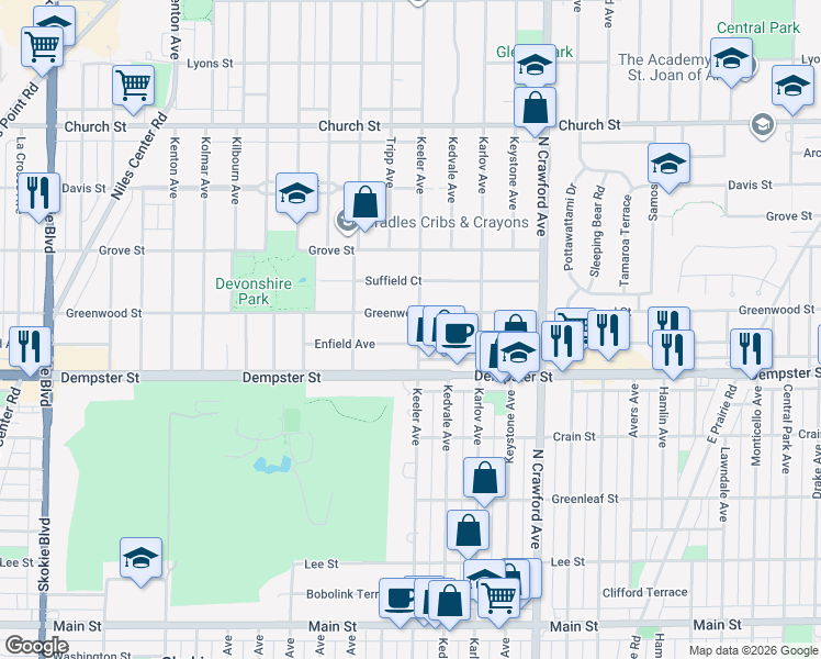map of restaurants, bars, coffee shops, grocery stores, and more near 4222 Enfield Avenue in Skokie