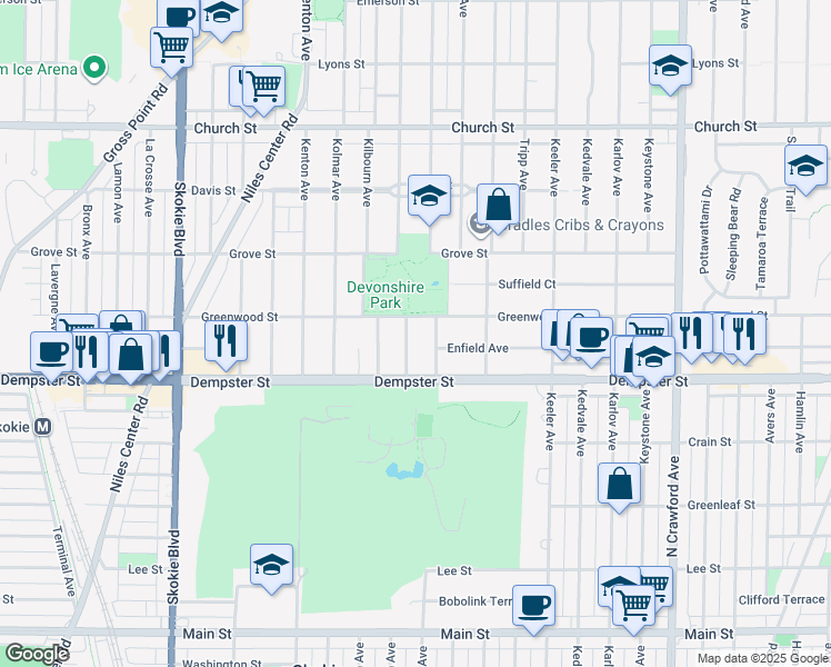 map of restaurants, bars, coffee shops, grocery stores, and more near 8843 Kostner Terrace in Skokie