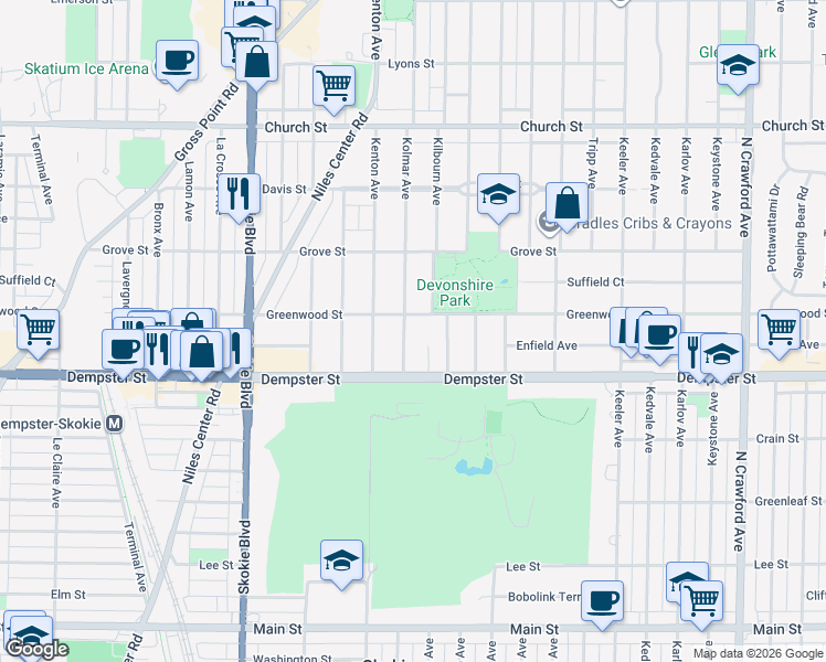 map of restaurants, bars, coffee shops, grocery stores, and more near 8841 Kolmar Avenue in Skokie