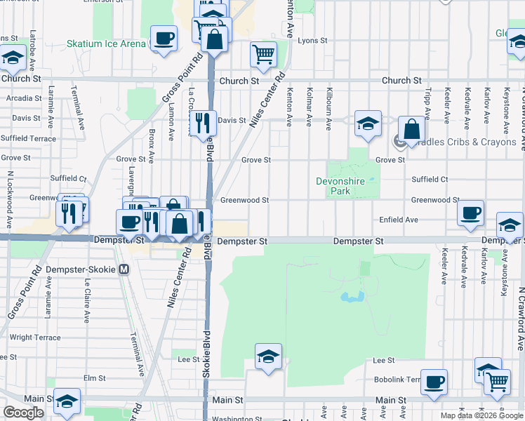 map of restaurants, bars, coffee shops, grocery stores, and more near 8842 Knox Avenue in Skokie