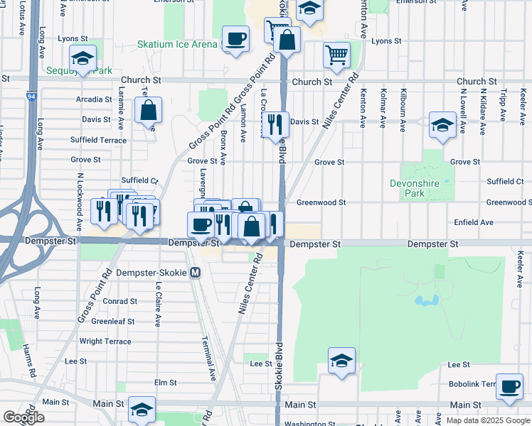 map of restaurants, bars, coffee shops, grocery stores, and more near 8840 La Crosse Avenue in Skokie
