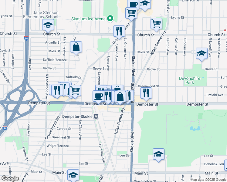 map of restaurants, bars, coffee shops, grocery stores, and more near 8838 Lamon Avenue in Skokie