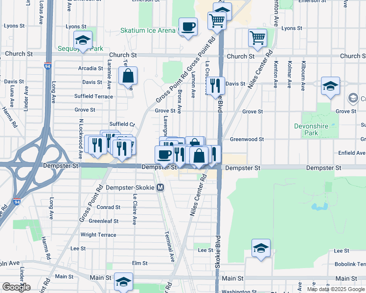 map of restaurants, bars, coffee shops, grocery stores, and more near 8838 Lamon Avenue in Skokie