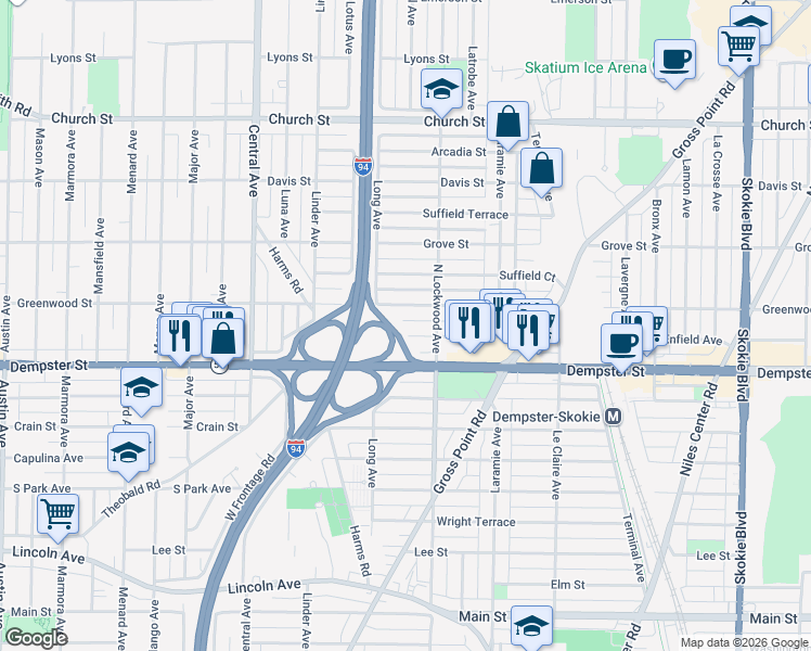 map of restaurants, bars, coffee shops, grocery stores, and more near 5326 Enfield Avenue in Skokie