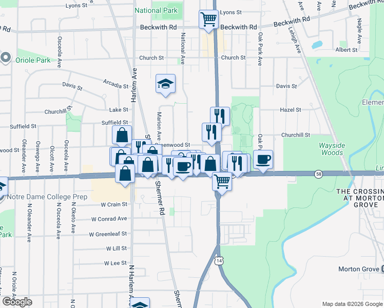map of restaurants, bars, coffee shops, grocery stores, and more near 8830 Sayre Avenue in Morton Grove