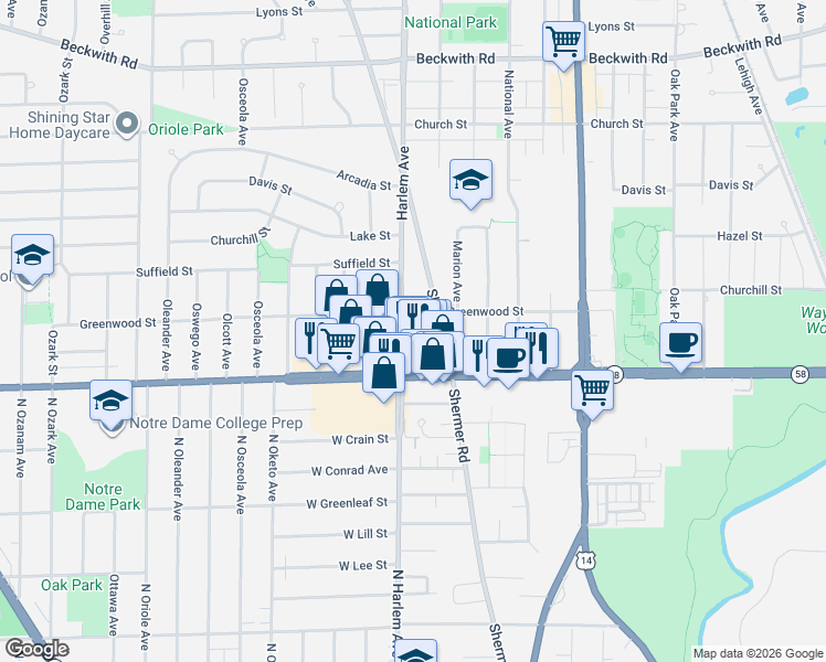 map of restaurants, bars, coffee shops, grocery stores, and more near 8829 Harlem Avenue in Morton Grove