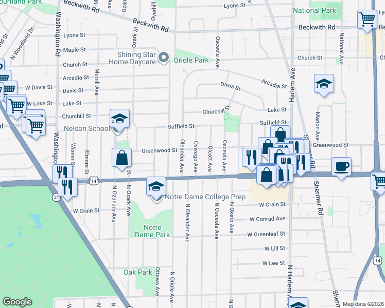map of restaurants, bars, coffee shops, grocery stores, and more near 8832 Oswego Avenue in Morton Grove