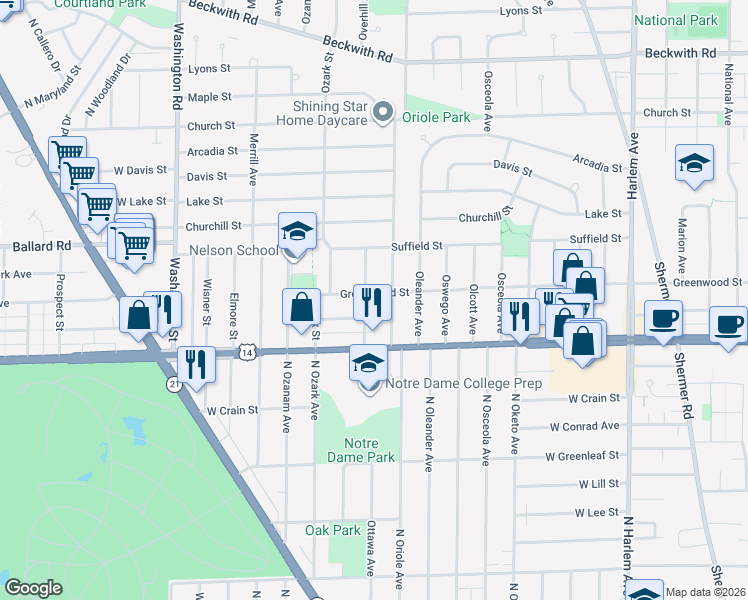 map of restaurants, bars, coffee shops, grocery stores, and more near 8837 Ottawa Avenue in Morton Grove