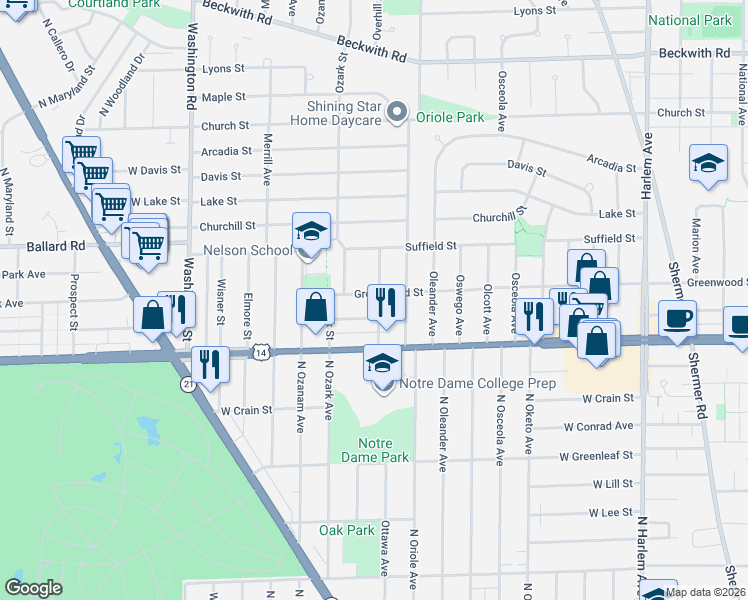 map of restaurants, bars, coffee shops, grocery stores, and more near 8837 Ottawa Avenue in Morton Grove