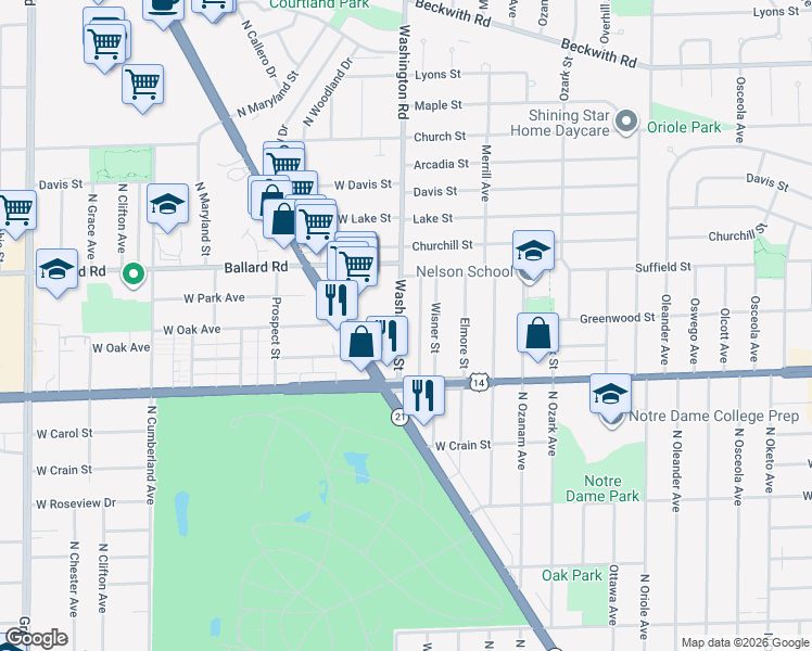 map of restaurants, bars, coffee shops, grocery stores, and more near 8860 North Wisner Street in Niles
