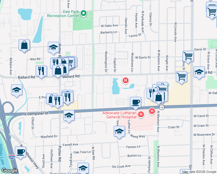 map of restaurants, bars, coffee shops, grocery stores, and more near 8909 Robin Drive in Des Plaines