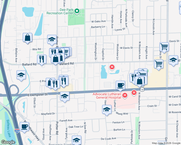 map of restaurants, bars, coffee shops, grocery stores, and more near 8909 Robin Drive in Des Plaines