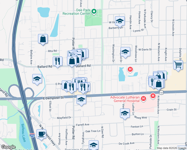 map of restaurants, bars, coffee shops, grocery stores, and more near 1913 Rancho Lane in Des Plaines