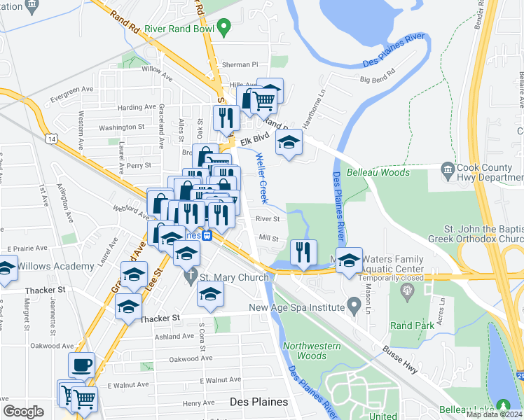 map of restaurants, bars, coffee shops, grocery stores, and more near 1646 River Street in Des Plaines