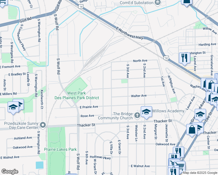 map of restaurants, bars, coffee shops, grocery stores, and more near 788 Greenview Avenue in Des Plaines