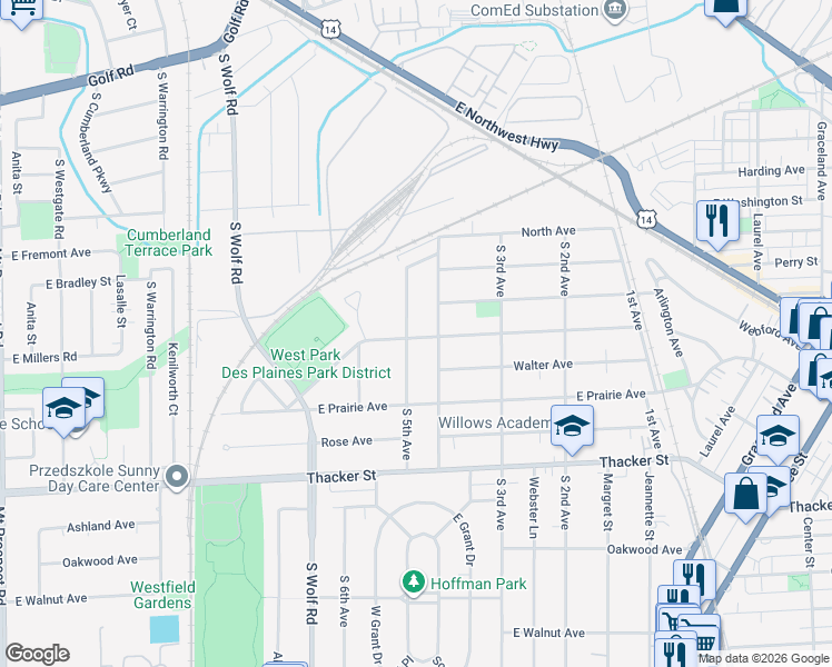 map of restaurants, bars, coffee shops, grocery stores, and more near 788 Greenview Avenue in Des Plaines