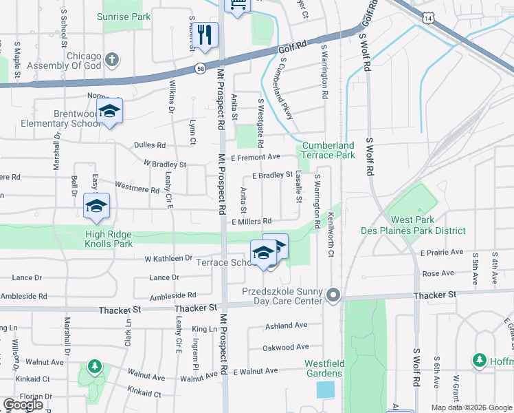 map of restaurants, bars, coffee shops, grocery stores, and more near 569 Anita Street in Des Plaines