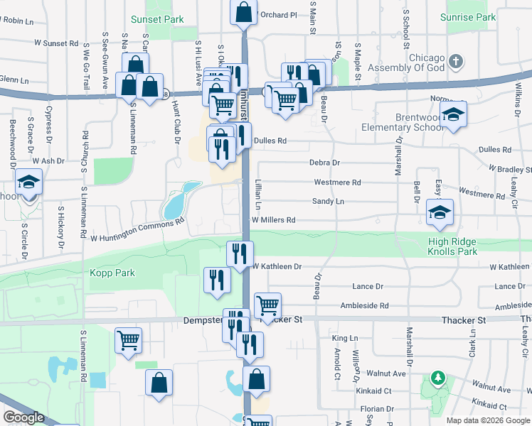 map of restaurants, bars, coffee shops, grocery stores, and more near 740 West Millers Road in Des Plaines
