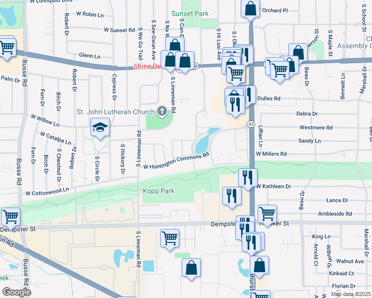 map of restaurants, bars, coffee shops, grocery stores, and more near 1308 Hunt Club Drive in Mount Prospect