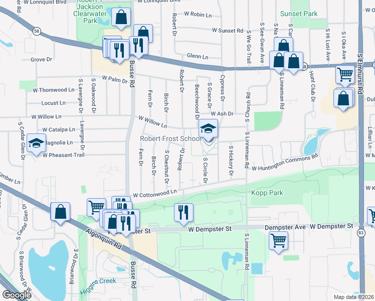 map of restaurants, bars, coffee shops, grocery stores, and more near 1405 Robert Drive in Mount Prospect