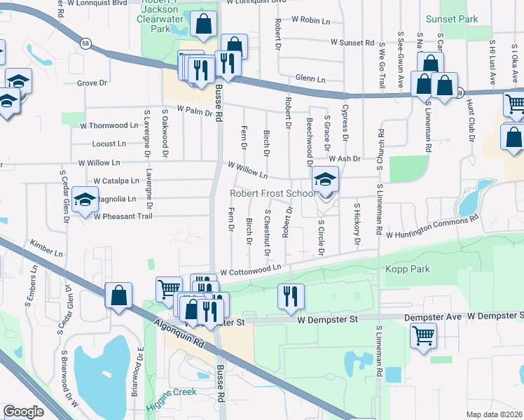 map of restaurants, bars, coffee shops, grocery stores, and more near 1407 South Chestnut Drive in Mount Prospect